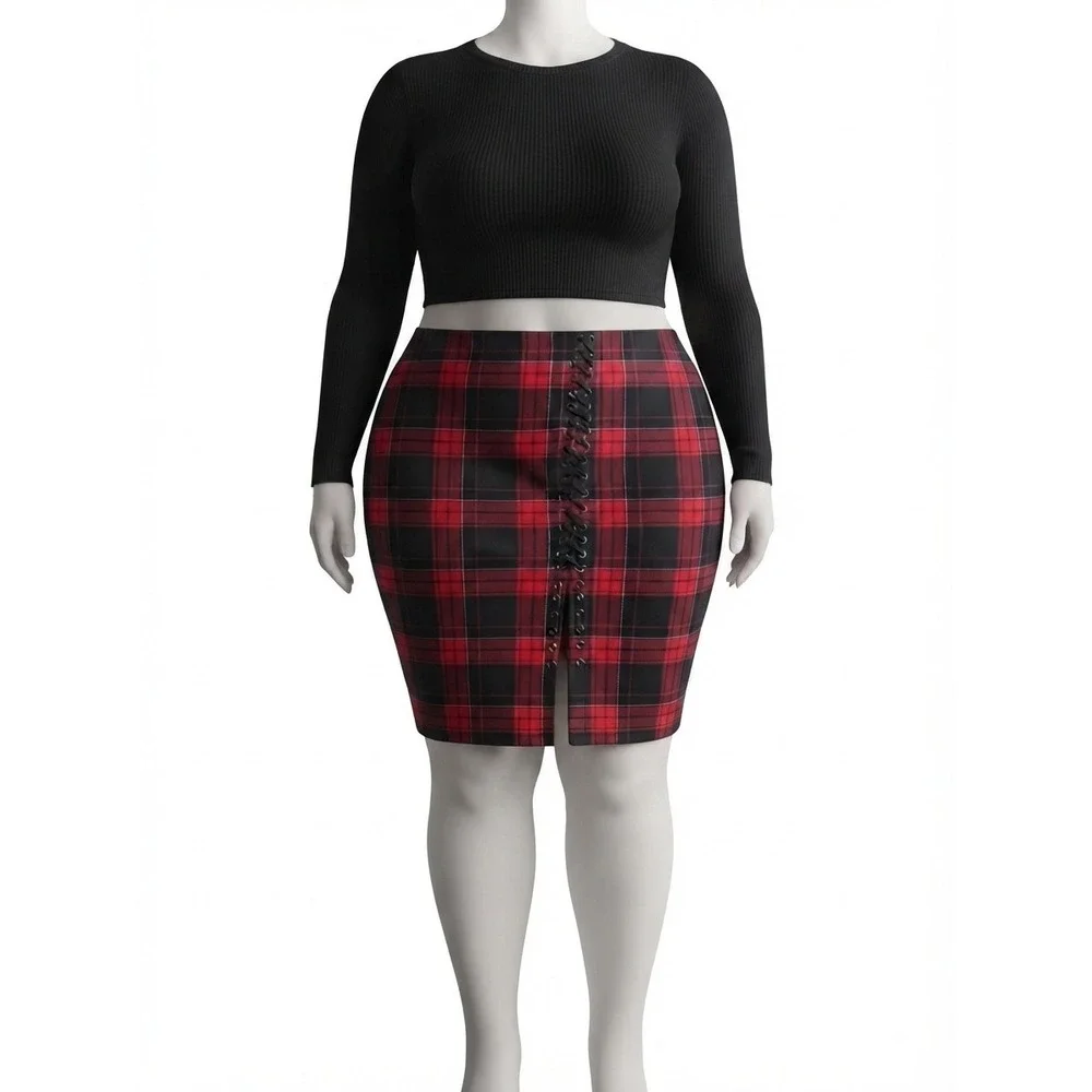 Torrid Goth Punk Red Black Plaid Lace Up Grommet Slit Pencil Skirt  2XL Grunge